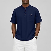 cheap Casual Henley Tee-Men's Tee Linen T-Shirt Short Sleeve Solid Color Plain Vacation Pocket Buttons Henley Casual Daily Outdoor Summer Spring &amp;  Fall Light Blue Navy Blue Khaki Henley T-Shirt