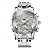 preiswerte Mechanische Uhren-Luxuriöse, automatische Herrenuhr, zweifarbiges Edelstahlgehäuse, blaues Zifferblatt im Skelett-Tourbillon-Stil, selbstaufziehende Business-Armbanduhr mit Großdatum, 24-Stunden-Anzeige, wasserdicht