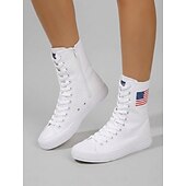  Witte, patriottische canvas sneakers voor dames met hoge schacht – veterschoenen met Amerikaanse vlag voor Onafhankelijkheidsdag en parades &casual streetwear