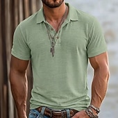 baratos Polo Clássico Masculino-Homens Camisa de linho Camisas Polo Casual Férias Clássico Manga Curta Férias Moda Tecido Textura Botões Verão Primavera Normal Azul Céu Preto Rosa Verde Azul Claro Camisa de linho
