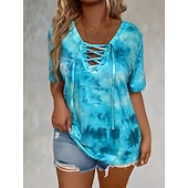  Women's T Shirt Tee Drawstring Graphic Tie Dye Bohemia Vintage Tropical Short Sleeve Asymmetrical V Neck Regular Tops Casual Daily Beach Blue Black Summer Spring Fall Winter