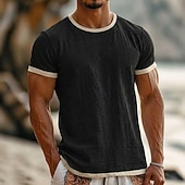 economico T-shirt in Cotone e Lino-Per uomo Maglietta Maglietta in lino Maniche Corte Girocollo Estate Semplice Moda Designer Essenziale Patchwork Blocco di colore Morbido Casuale Vacanza Streetwear Blu chiaro Nero Blu marino
