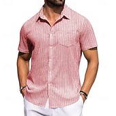 cheap Men's Smart Casual Shirts-Men's Shirt Ribbed Knitted Casual Shirt Button Up Shirt Pink Navy Blue Green Light Blue Short Sleeve Vertical Stripes Shirt Collar Casual Daily Front Pocket Clothing Apparel Elegant Fashion Casual