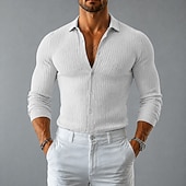 billiga Smart Casual skjortor för män-Herr Skjorta Ribbad stickad Casual skjorta Knapp upp skjorta Svart Vit Grå Ljusblå Långärmad Slät Tröjkrage Ledigt Dagligen Kläder Elegant Mode Ledigt Trendig