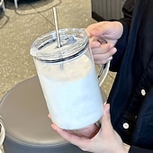 halpa Keittiövälineet ja -laitteet-lasinen juomamuki kannella ja pillillä, syntymäpäivälahja naisille, tyylikäs asuste, lahja kahvin ystäville, morsiusneidon häälahja, lasinen muki pillillä, suuri tilavuus