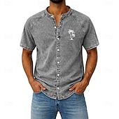 cheap Men's Smart Casual Shirts-Men's Shirt Casual Shirt Button Up Shirt Garment Dyed Acid Wash Shirt Light Green Pink khaki Gray Light Blue Short Sleeve Plain Grandad Collar Casual Daily Clothing Apparel Elegant Fashion Casual