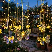abordables Lampes d’extérieur solaires-Guirlande lumineuse solaire d'extérieur étanche, 10 m, 40 gouttes, motif papillon, avec télécommande, idéale pour décorer balcon, terrasse, jardin, mariage, Noël, chambre, fête d'été (200 LED).