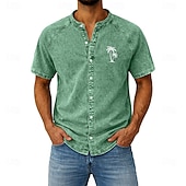cheap Men's Smart Casual Shirts-Men's Shirt Casual Shirt Button Up Shirt Garment Dyed Acid Wash Shirt Light Green Pink khaki Gray Light Blue Short Sleeve Plain Grandad Collar Casual Daily Clothing Apparel Elegant Fashion Casual