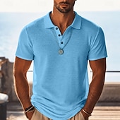 halpa Men's Classic Polo-Men's Linen Shirt Polo Shirts Casual Vacation Classic Short Sleeve Vacation Fashion Plain Textured Lightweight Buttons Summer Spring Blue Black Pink Green Light Blue Linen Shirt