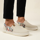 baratos Sapatos Casuais Slip-On-Alpargatas masculinas bege sem cadarço – mocassins casuais respiráveis, calçados leves de verão com estampa étnica para férias, praia, resorts e momentos de lazer.
