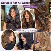 cheap Older Wigs-Short Dark Grey Mix Black Layered Wig with Curtain Bangs,Synthetic Gray Layered Wavy Middle Part Butterfly Wigs for Black White Women Daily Party Cosplay Costume 18Inch
