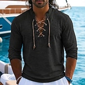 economico T-shirt in Cotone e Lino-Per uomo Maglietta in lino Manica Lunga Collo con lacci Henley Primavera &amp; Estate Estate Primavera Tinta unica Semplice Vintage Nautico Stile Boho Allacciato Trasparente Casuale Vacanza Streetwear