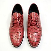 cheap Derby Shoes-Men's Red Crocodile-Embossed Oxford Dress Shoes, Lace-Up Formal Business Shoes for Gentlemen, Wedding, Party, Banquet and Office Occasions