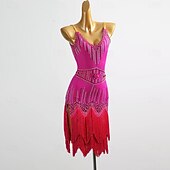 abordables vestido de competición-Latin Dance Dress Rhinestone Tassel Splicing Women's Party Performance Sleeveless Salsa Rumba Competition Costume