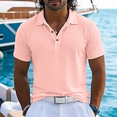 cheap Men's Classic Polo-Men's Linen Shirt Polo Shirts Casual Vacation Classic Short Sleeve Vacation Fashion Plain Textured Color Block Buttons Summer Spring Regular Fit Lake blue Black Green Light Blue Linen Shirt