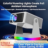 cheap Projectors-Smart Projector with Auto Focus &amp; Auto Keystone, 720P Native Portable Movie Projector with RGB Ambient Light, Bluetooth Speaker, WiFi Screen Casting, 180° Rotatable Home Theater Projector