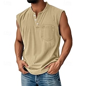 baratos Tops de ginásio-Regata masculina vintage 100% algodão com lavagem ácida, camiseta sem mangas, camiseta regata sem mangas estilo henley, camiseta básica de verão lisa, de grife, com bolsos e botões, para férias, estilo urbano, preta, para homens.
