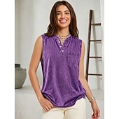  Mulheres 100% Algodão Camisa Henley Lavado Lavagem ácida Lavagem vintage Vintage Moda à moda Sem Manga Mangas Raglã Henley Tops regulares Casual Praia Azul Roxo Laranja Verão Primavera