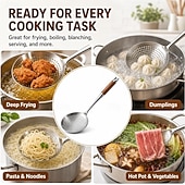 cheap Cooking Utensils-1/2 PCS Wooden Handle Stainless Steel Spider Strainer, 16 Inch Long Handle Deep Fry Skimmer Spoon, Heavy Duty Frying Scoop for French Fries, Pasta, Noodles, Dumplings and Hot Pot, Kitchen Cooking Tool