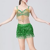 preiswerte Bauchtanzkleidung-glitzerndes Königsblau für Damen &amp;Goldenes Bauchtanzkostüm-Set – Pailletten-BH-Top und Fransenrock – Performance-Outfit für Latin Samba und Rave