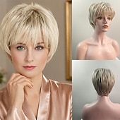 preiswerte ältere Perücke-Kurze, platinblonde Pixie-Bob-Perücke mit Pony – gestuftes, aschblondes Kunsthaar für Damen, natürlich voluminöses Haarteil für den Alltag