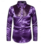 cheap Men's Satin Shirts-Men's Shirt Satin Shirt Dress Shirt Casual Shirt Solid Color Outdoor Work Black White Red Navy Blue Long Sleeve Turndown Summer Spring Clothing Apparel Sequins