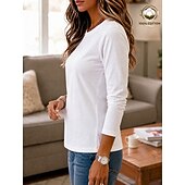  نسائي 100% Cotton تي شيرت بلايز لون الصلبة كلاسيكي كاجوال كم طويل رقبة دائرية قمصان عادية فضفاض مناسب للبس اليومي أزرق أبيض أسود وردي بلاشيهغ رمادي فاتح الشتاء الربيع، الخريف، الشتاء، الصيف