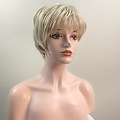 preiswerte ältere Perücke-Kurze, platinblonde Pixie-Bob-Perücke mit Pony – gestuftes, aschblondes Kunsthaar für Damen, natürlich voluminöses Haarteil für den Alltag