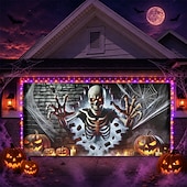  Copertura per porta del garage di Halloween con luci a stringa, teschio, zucca e striscione con ragno, scena horror di casa stregata, arazzo di sfondo spettrale per esterni, muro, recinzione,