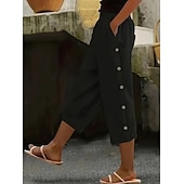  Dames Capri broeken Recht Casual / Dagelijks Comfortabel Kuitlengte Hoge taille Effen Kleur Lapwerk Zak Knoop Comfort Inelastisch Casual Vakantie Zwart Marineblauw Bruin Militair Groen Zomer Lente