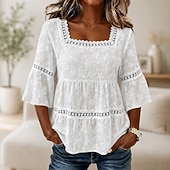  Mulheres Top de emenda de renda Franzido Textura Frufru Elegante Manga 3/4 Decote Quadrado Casual Branco Verão Primavera