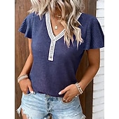  Mujer Camiseta Camiseta superior Encaje Retazos Color sólido Elegante Moda Estilo lindo Manga Corta Mangas anchas Escote en Pico Tops regulares Casual Negro Rosa Vino Azul Marino Marrón Verano
