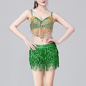 preiswerte Bauchtanzkleidung-glitzerndes Königsblau für Damen &amp;Goldenes Bauchtanzkostüm-Set – Pailletten-BH-Top und Fransenrock – Performance-Outfit für Latin Samba und Rave