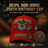  Boné comemorativo do 250º aniversário do Corpo de Fuzileiros Navais dos EUA, modelo Devil Dog. &Conjunto de moedas, boné de beisebol vermelho bordado com emblema da USMC Semper Fidelis (águia, globo e