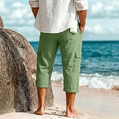 cheap Holiday-Men's Capri shorts Linen Pants Summer Shorts Baggy Pants Front Pocket Straight Leg Cargo Pocket Plain Comfort Breathable Calf-Length Casual Daily Outdoor Vacation Fashion White Khaki Inelastic