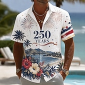 baratos Camisas Patrióticas 250-Camisa Masculina de Botão com Estampa Patriótica da Bandeira Americana 1776 2026 Manga Curta Top de Verão para Férias