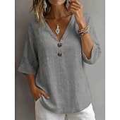  Per donna Camicie effetto lino Blusa Camicia in finto lino Bottoni Tinta unica Quotidiano Elegante Essenziale Manica 3/4 Scollo a V Top Regolari Quotidiano Blu Bianco Giallo Verde Grigio Estate