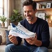 ieftine Adidași casual-Pantofi sport de alergare albi-albaștri pentru bărbați, pantofi sport cu șireturi, pantofi sport ușori, cu pernă, pentru sală, antrenament, exterior