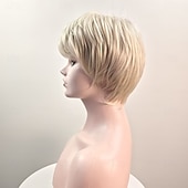 preiswerte ältere Perücke-Kurze, platinblonde Pixie-Bob-Perücke mit Pony – gestuftes, aschblondes Kunsthaar für Damen, natürlich voluminöses Haarteil für den Alltag