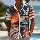  2026 250º Camisa Masculina com Estampa de Águia Bandeira Americana Camisa de Palma de Coco Verão Camisa Botão Manga Curta Patriótica Outdoor Festival Verão Primavera Golinha Impressão 3D Camisas