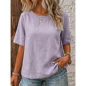  Dame Linskjorte Sommerskjorte Pullover Årgang Kortermet Crew-hals Avslappet Sommer Vår
