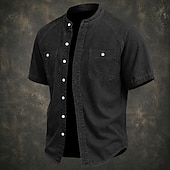 cheap Men's Smart Casual Shirts-SoftFade™ Men Shirt Casual Shirt Button Up Shirt Cotton Acid Wash Shirt Black Light Green Pink Purple khaki Short Sleeve Plain Grandad Collar Casual Daily Front Pocket Clothing Apparel Elegant Fashion