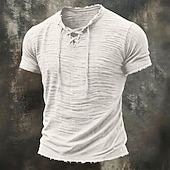  Men's T Shirt Linen T-Shirt Short Sleeve Lace Up Neck Summer Spring All Seasons Solid Color Textured Vacation Vintage Sports Raw Edge Casual Home Outdoor White Wine khaki Top Tee for Men