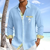  Men Shirt Linen Shirt Summer Shirt Beach Shirt Button Up Shirt Coconut Tree Casual Holiday White Pink Sky Blue Green Long Sleeve Turndown Summer Clothing Apparel Front Pocket