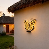 ieftine Aplice de Exterior-Lampă fluture pentru exterior, decor de perete impermeabil cu energie solară, lampă LED peisagistică, ornament pentru gard de grădină, iluminare ambientală delicată pentru terasă/curte