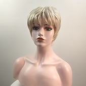 preiswerte ältere Perücke-Kurze, platinblonde Pixie-Bob-Perücke mit Pony – gestuftes, aschblondes Kunsthaar für Damen, natürlich voluminöses Haarteil für den Alltag