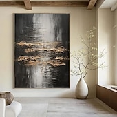 abordables Peintures Abstraites-Grande peinture à l'huile faite main de style wabi-sabi, peinture murale noire et or, peinture texturée gris or, peinture abstraite minimaliste noire, art moderne, décoration murale