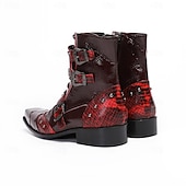 cheap Premium Leather Boots-Men's Red Western Biker Boots – Exotic Buckle Ankle Boots, Vintage Cowboy Footwear for Motorcycle Riding, Concerts, Music Festivals and Nightlife