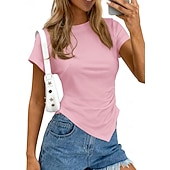  Mujer Camisa Blusa Frunce Color sólido Ropa de calle Diario Manga Corta Cuello Barco Tops cortos Casual Bleu Ciel Negro Blanco Rosa Marrón Verano Primavera