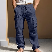 baratos Clássico-Men's Linen Pants Trousers Summer Pants Multi Pocket Straight Leg Plain Comfort Breathable Full Length Daily Outdoor Going out Fashion Streetwear Blue White